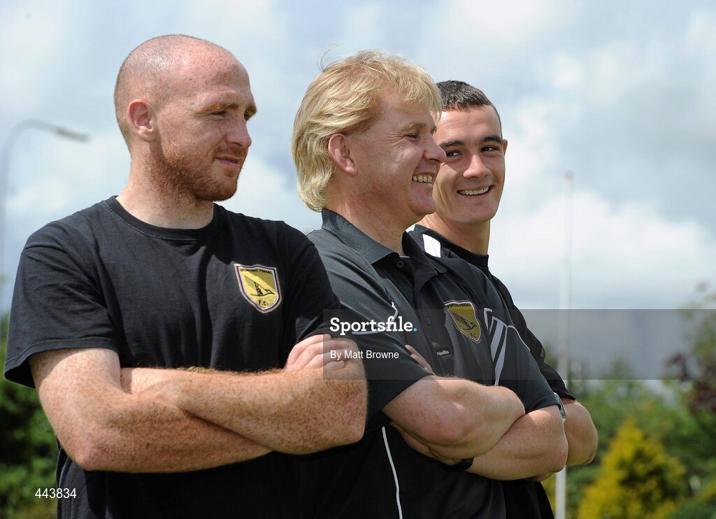 21 July 2010; Sporting Fingal manager Liam Buckley, centre, with Glen Crowe, left, and team captain Shaun Williams after a press conference ahead of their UEFA Europa League Second Qualifying Round, Second Leg, game against CS Marítimo at Dalymount Park on Thursday. Sporting Fingal Press Conference, ALSAA club, Santry, Dublin. Picture credit: Matt Browne / SPORTSFILE