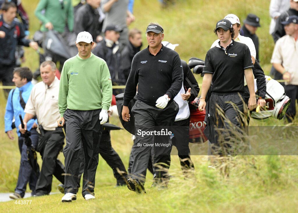 21 July 2010; Golfers Darren Clarke, centre, Padraig Harrington, left, and Rory McIlroy, right, leaving the third tee during the 2010 Lough Erne Challenge. Lough Erne Resort, Enniskillen, Co. Fermanagh. Picture credit: Oliver McVeigh / SPORTSFILE