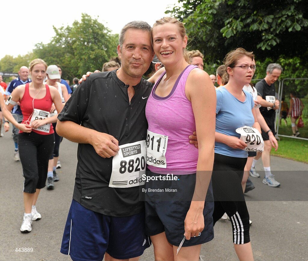 17 July 2010; Basketball Ireland referees Paul Dempsey and Cathy Molloy, both from Dublin, after finishing the Lifestyle Sports - adidas Irish Runner 5 Mile Race. The Phoenix Park, Dublin. Picture credit: Brendan Moran / SPORTSFILE