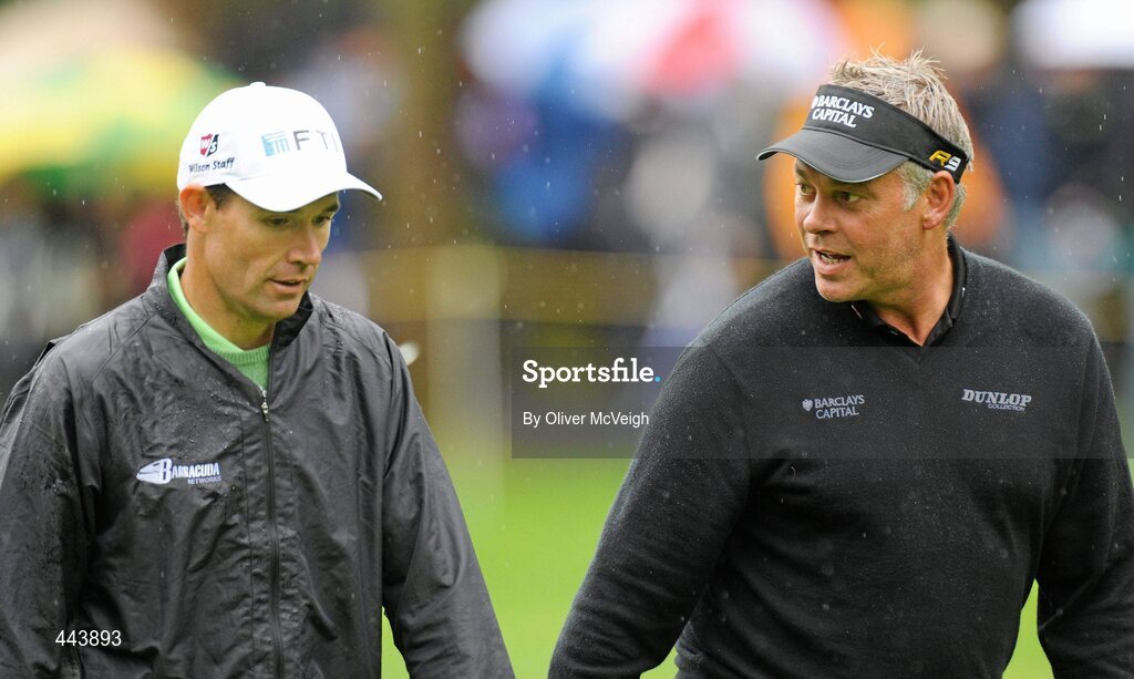 21 July 2010; Padraig Harrington and Darren Clarke in conversation during the 2010 Lough Erne Challenge. Lough Erne Resort, Enniskillen, Co. Fermanagh. Picture credit: Oliver McVeigh / SPORTSFILE
