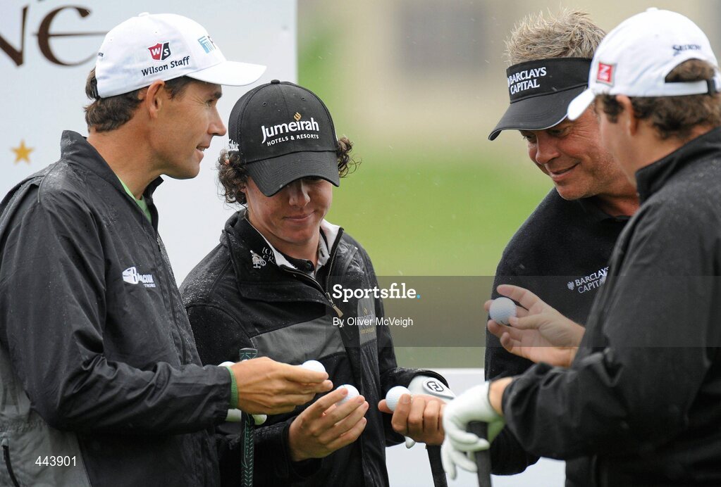21 July 2010; Padraig Harington, Rory McIlroy, Darren Clarke and Shane Lowry declaring their balls on the first tee at the 2010 Lough Erne Challenge. Lough Erne Resort, Enniskillen, Co. Fermanagh. Picture credit: Oliver McVeigh / SPORTSFILE
