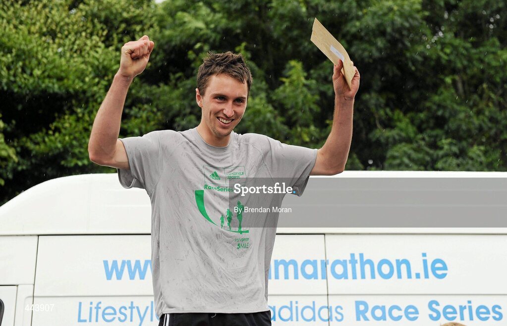 17 July 2010; John Coghlan, Metro St Brigid's AC, celebrates after winning the Men's event in the Lifestyle Sports - adidas Irish Runner 5 Mile Race. The Phoenix Park, Dublin. Picture credit: Brendan Moran / SPORTSFILE