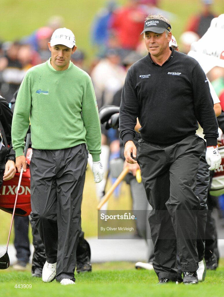 21 July 2010; Padraig Harrington, left, and Darren Clarke, walking down the fourth fairway during the 2010 Lough Erne Challenge. Lough Erne Resort, Enniskillen, Co. Fermanagh. Picture credit: Oliver McVeigh / SPORTSFILE