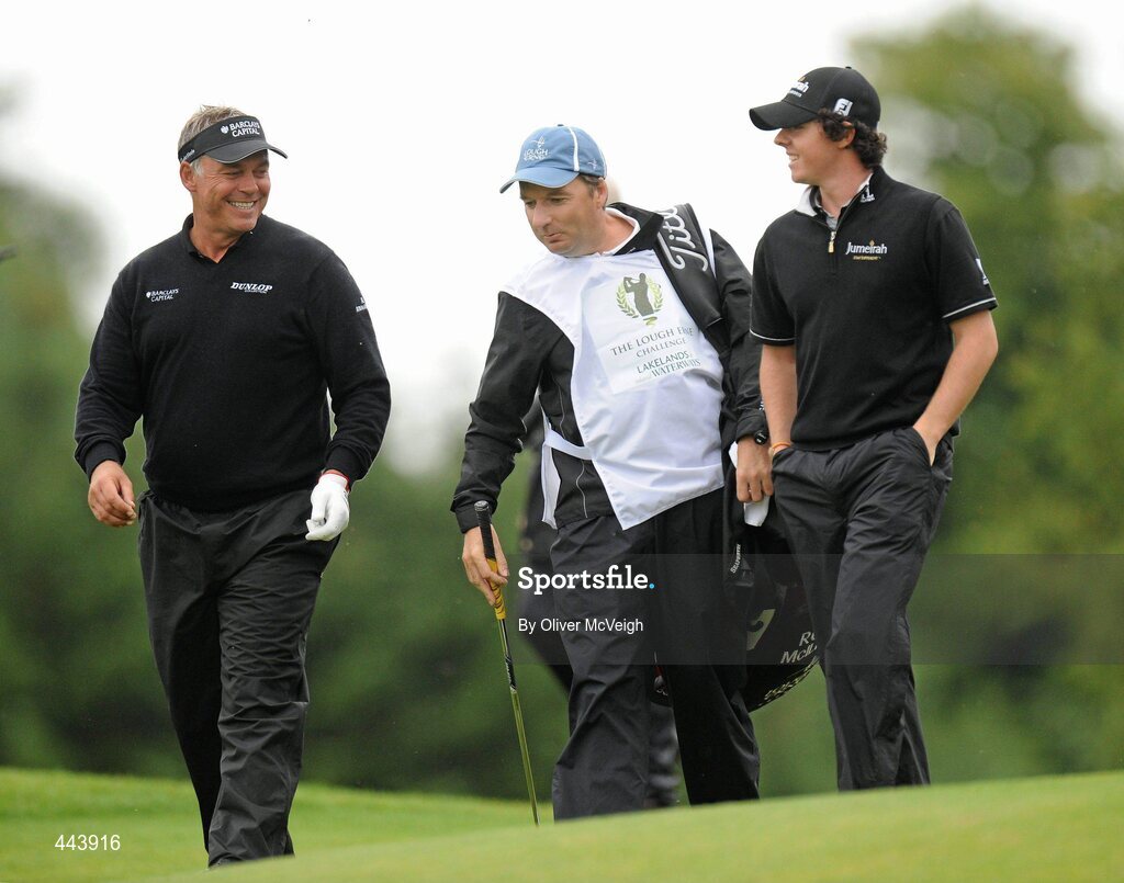 21 July 2010; Darren Clarke, left, JP Fitzgerald, caddie, and Rory McIlroy walking down the fourth fairway during the 2010 Lough Erne Challenge. Lough Erne Resort, Enniskillen, Co. Fermanagh. Picture credit: Oliver McVeigh / SPORTSFILE