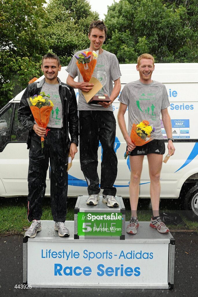 17 July 2010; The first 3 runners home in the men's event, from left, third placed Sergiu Ciobanu, Clonliffe Harriers AC, winner John Coghlan, Metro St Brigid's AC and second placed Brian Maher, Kilkenny City Harriers AC, after the Lifestyle Sports - adidas Irish Runner 5 Mile Race. The Phoenix Park, Dublin. Picture credit: Brendan Moran / SPORTSFILE