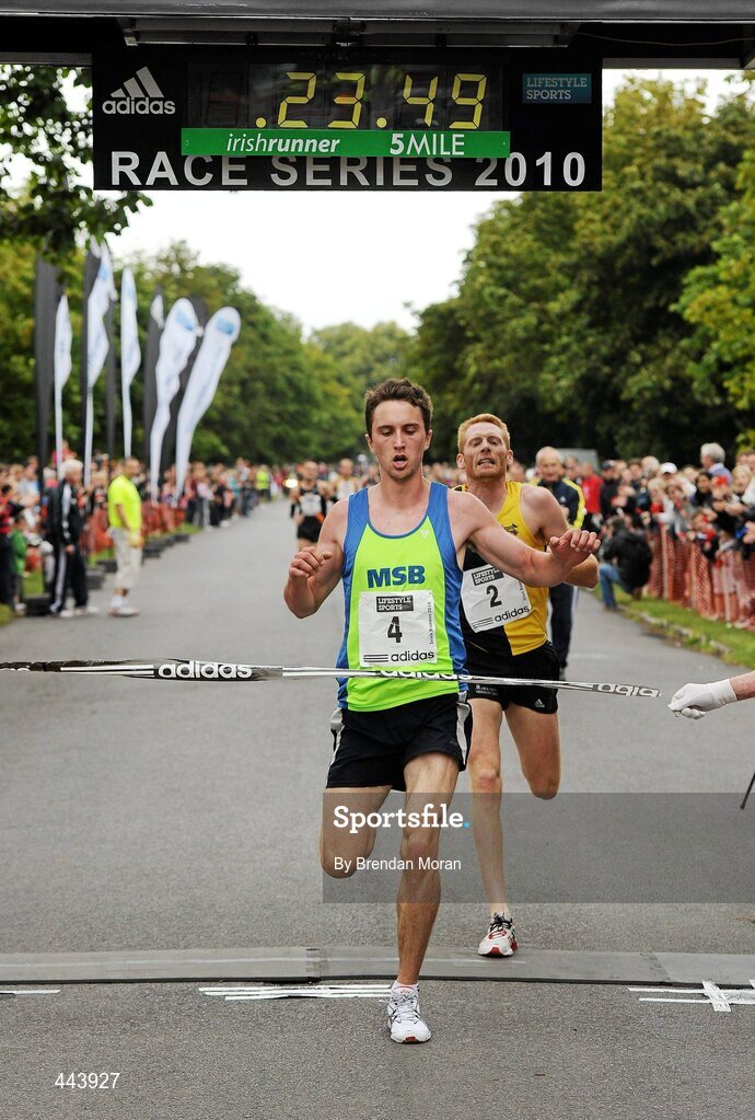 17 July 2010; John Coghlan, 4, Metro St Brigid's AC, beats Brian Maher, Kilkenny City Harriers AC, to win the Men's event at the Lifestyle Sports - adidas Irish Runner 5 Mile Race. The Phoenix Park, Dublin. Picture credit: Brendan Moran / SPORTSFILE