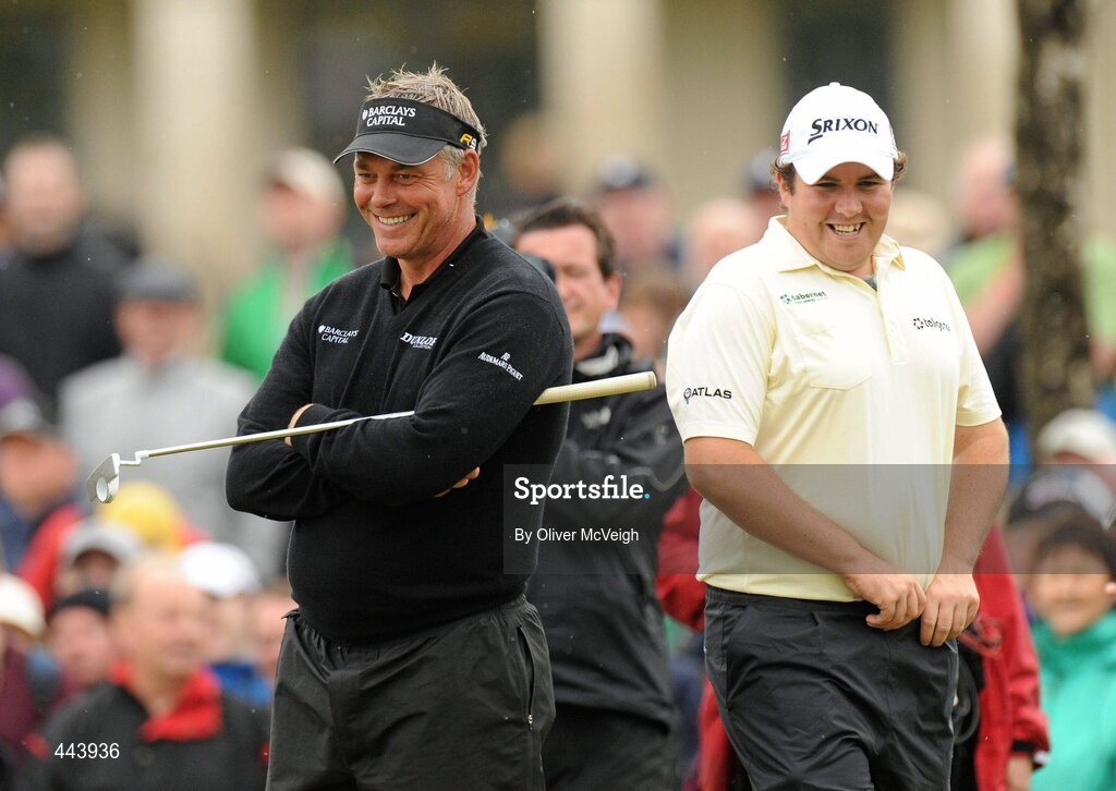 21 July 2010; Darren Clarke, left, and Shane Lowry share a joke on the fifth green, during the 2010 Lough Erne Challenge. Lough Erne Resort, Enniskillen, Co. Fermanagh. Picture credit: Oliver McVeigh / SPORTSFILE