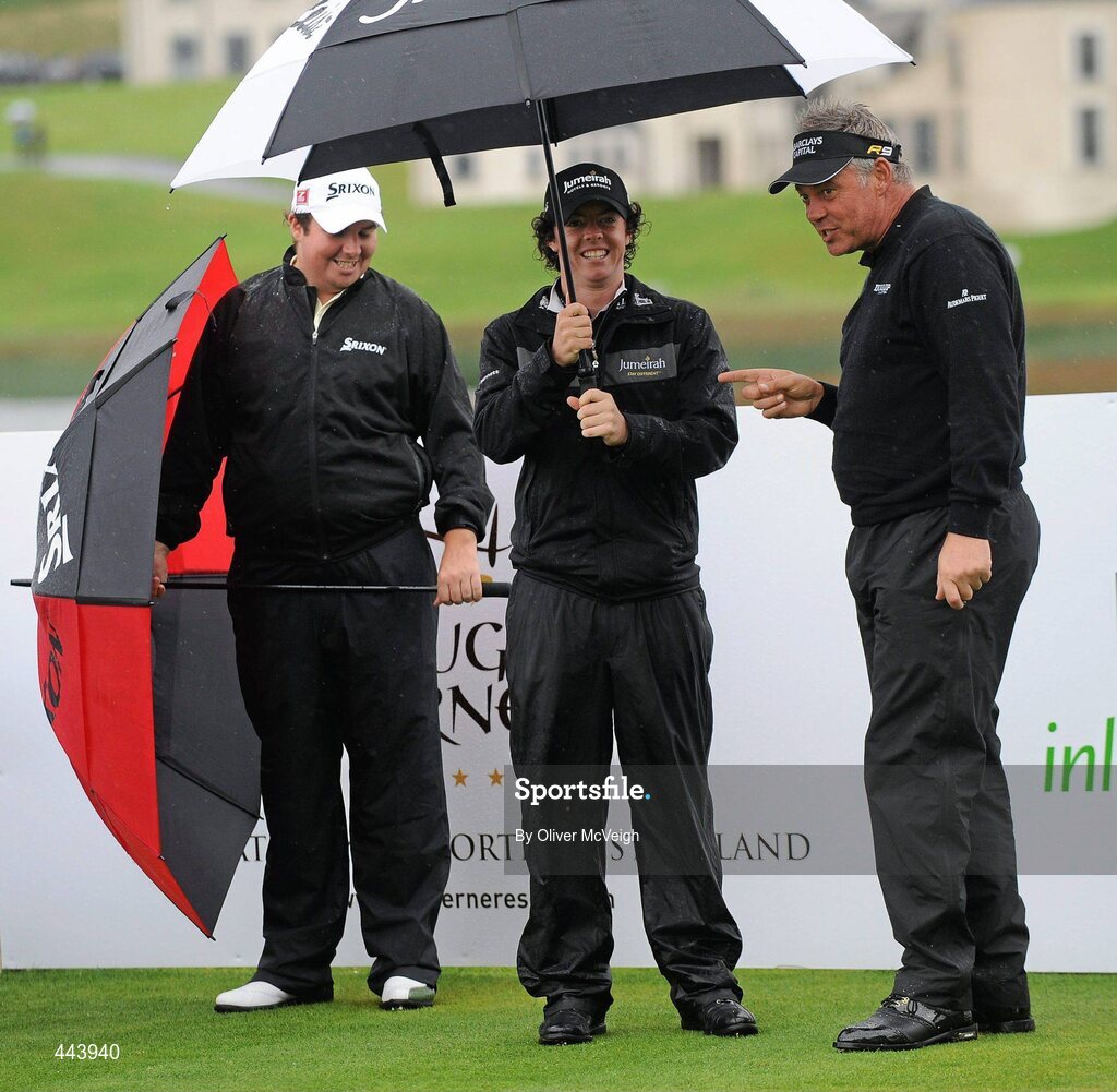 21 July 2010; Darren Clarke, right, giving instructions to Shane Lowry and Rory McIlroy, on the first tee at the 2010 Lough Erne Challenge. Lough Erne Resort, Enniskillen, Co. Fermanagh. Picture credit: Oliver McVeigh / SPORTSFILE