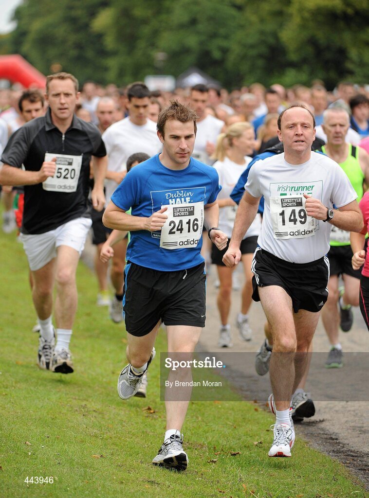 17 July 2010; Robert Galvin, 2416, from Tallaght, Co. Dublin, and Joe Sheridan, 149, Naas, Co. Kildare, in action during the Lifestyle Sports - adidas Irish Runner 5 Mile Race. The Phoenix Park, Dublin. Picture credit: Brendan Moran / SPORTSFILE