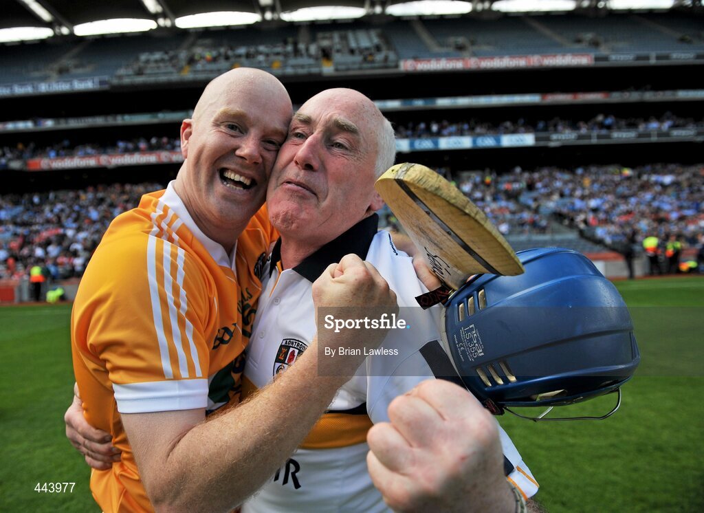 17 July 2010; Antrim manager Dinny Cahill celebrates with Karl McKeegan after the match. GAA Hurling All-Ireland Senior Championship Phase 3, Dublin v Antrim, Croke Park, Dublin. Picture credit: Brian Lawless / SPORTSFILE