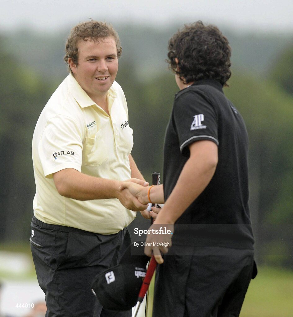 21 July 2010; Golfers Shane Lowry, left, and Rory McIroy shake hands at the end of the 2010 Lough Erne Challenge. Lough Erne Resort, Enniskillen, Co. Fermanagh. Picture credit: Oliver McVeigh / SPORTSFILE