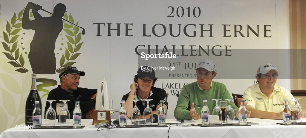 21 July 2010; Golfers, from left to right, Darren Clarke, Rory McIlroy, Padraig Harrington and Shane Lowry during a press conference after the 2010 Lough Erne Challenge. Lough Erne Resort, Enniskillen, Co. Fermanagh. Picture credit: Oliver McVeigh / SPORTSFILE