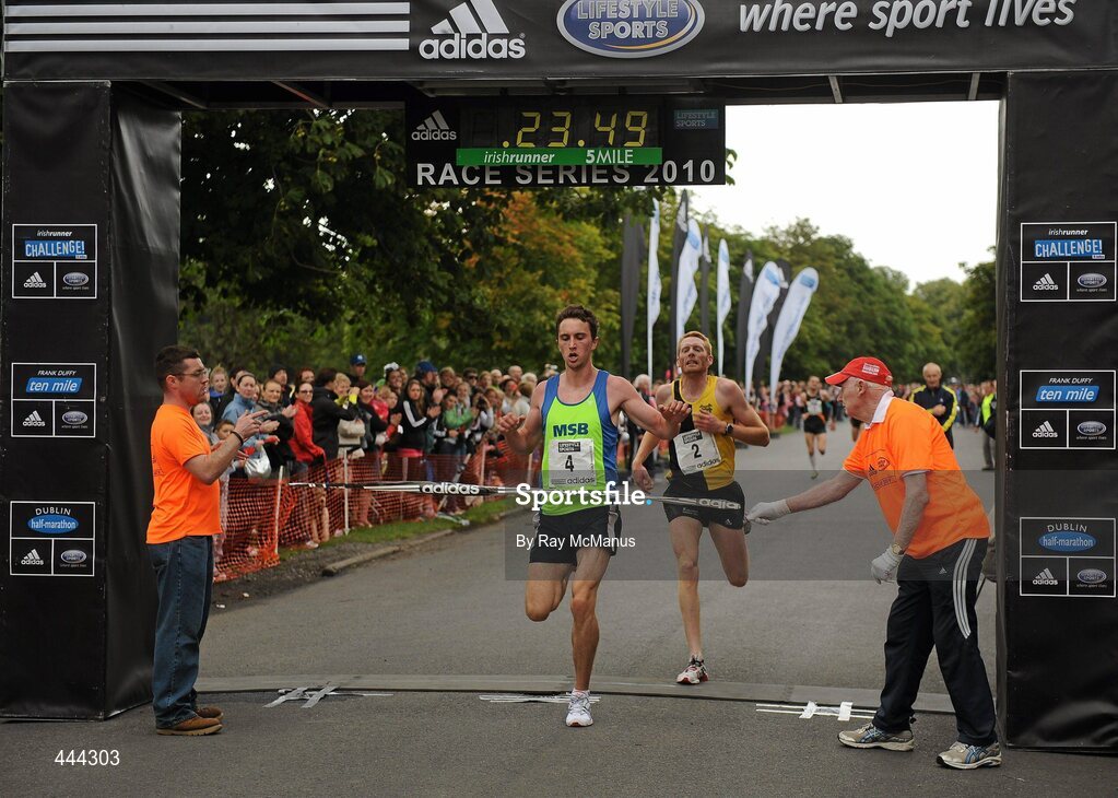 17 July 2010; John Coghlan, 4, Metro St Brigid's AC, beats Brian Maher, Kilkenny City Harriers AC, to win the Men's event at the Lifestyle Sports - adidas Irish Runner 5 Mile Race. The Phoenix Park, Dublin. Picture credit: Ray McManus / SPORTSFILE