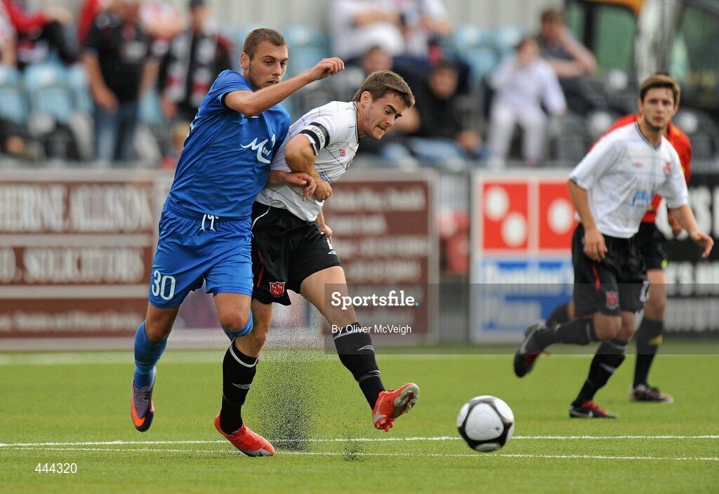 22 July 2010; Stephen Maher, Dundalk, in action against Lachezar Baltanov, PFC Levski Sofia. UEFA Europa League Second Qualifying Round, 2nd Leg, Dundalk v PFC Levski Sofia, Oriel Park, Dundalk, Co. Louth. Picture credit: Oliver McVeigh / SPORTSFILE