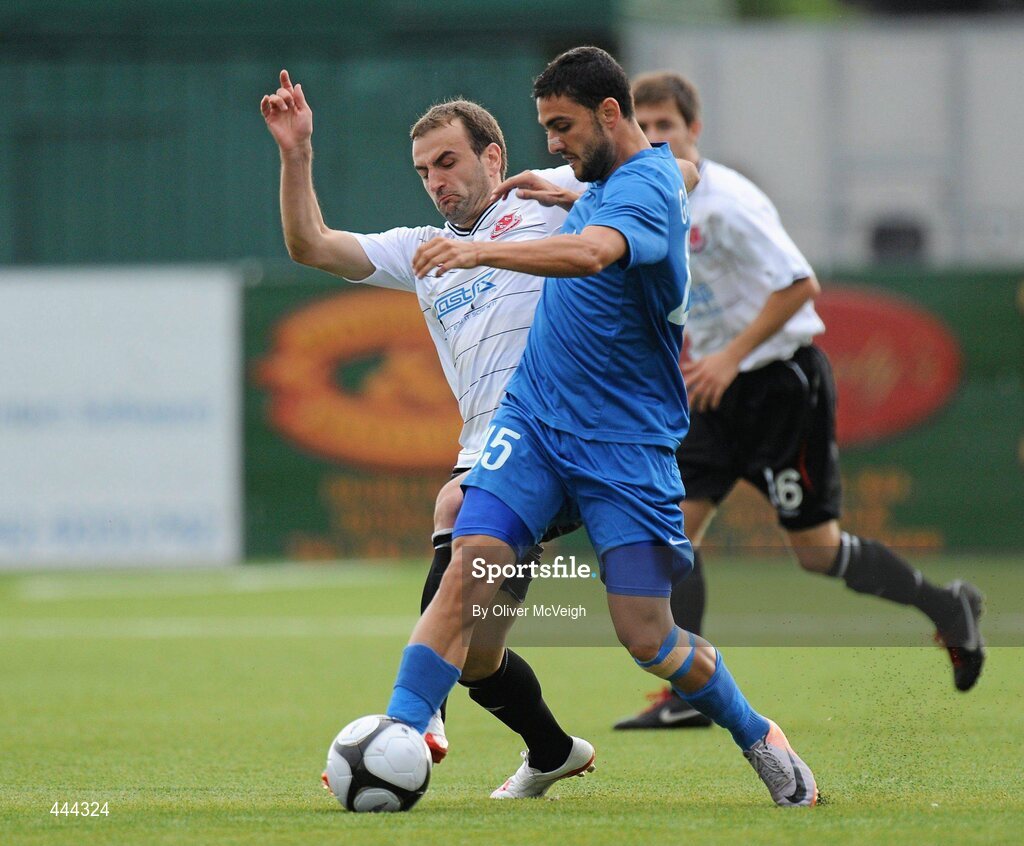 22 July 2010; Fahrudin Kuduzovic, Dundalk, in action against Vladimir Gadzhev, PFC Levski Sofia. UEFA Europa League Second Qualifying Round, 2nd Leg, Dundalk v PFC Levski Sofia, Oriel Park, Dundalk, Co. Louth. Picture credit: Oliver McVeigh / SPORTSFILE