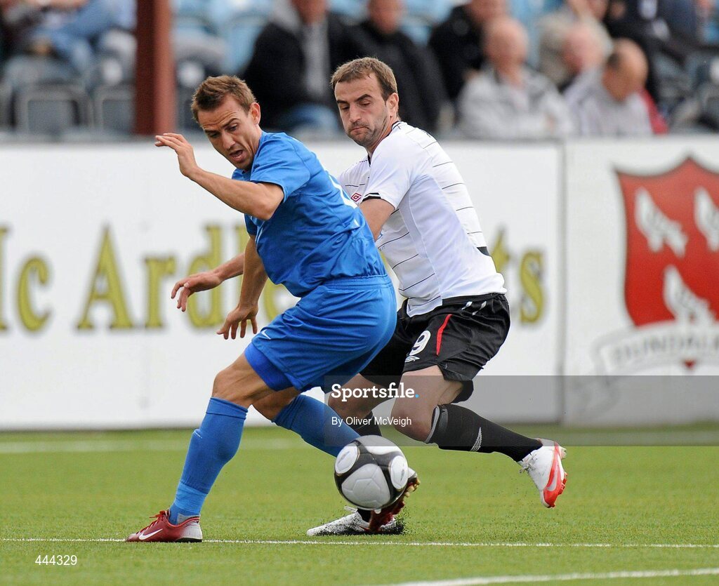 22 July 2010; Veselin Minev, PFC Levski Sofia, in action against Fahrudin Kuduzovic, Dundalk. UEFA Europa League Second Qualifying Round, 2nd Leg, Dundalk v PFC Levski Sofia, Oriel Park, Dundalk, Co. Louth. Picture credit: Oliver McVeigh / SPORTSFILE