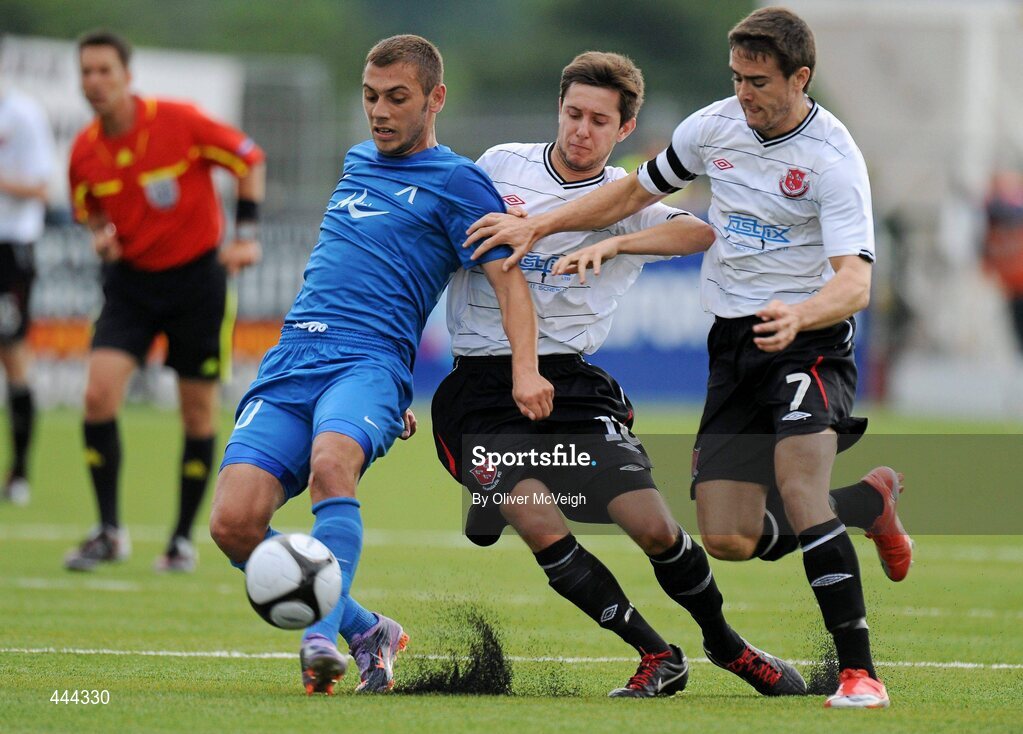 22 July 2010; Lachezar Baltanov, PFC Levski Sofia, in action against Steven McDonnell and Stepen Maher, Dundalk. UEFA Europa League Second Qualifying Round, 2nd Leg, Dundalk v PFC Levski Sofia, Oriel Park, Dundalk, Co. Louth. Picture credit: Oliver McVeigh / SPORTSFILE