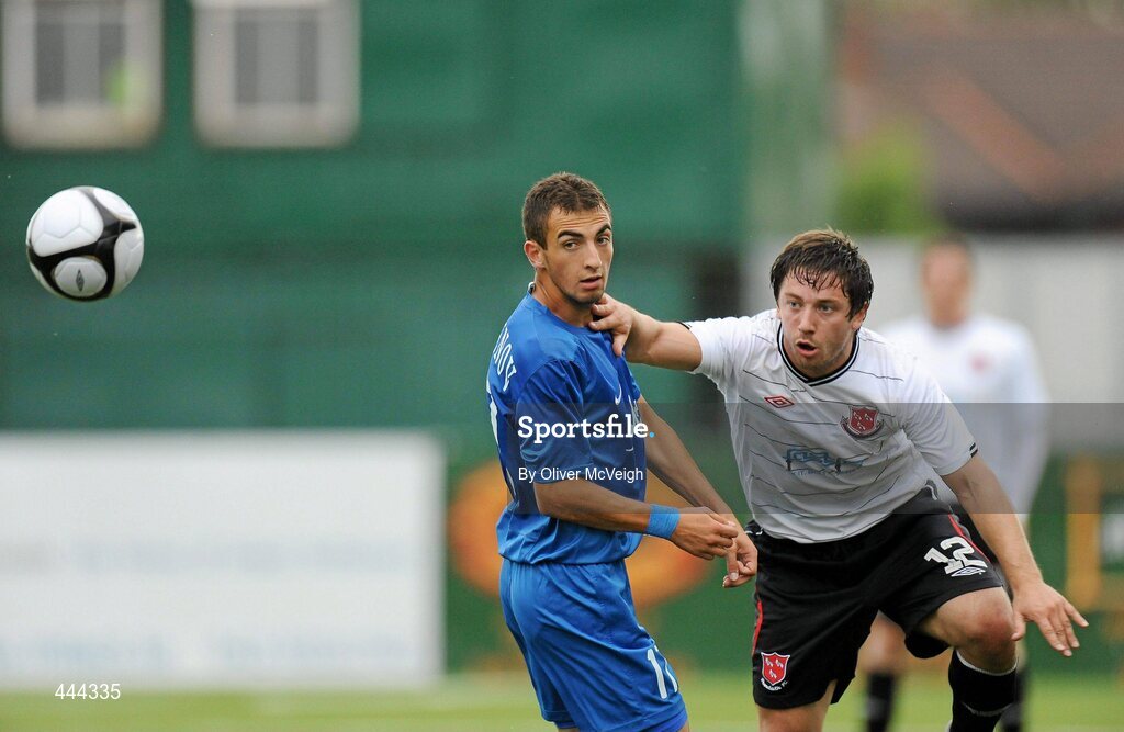 22 July 2010; Michael Synott, Dundalk, in action against Daniel Mladenov, PFC Levski Sofia. UEFA Europa League Second Qualifying Round, 2nd Leg, Dundalk v PFC Levski Sofia, Oriel Park, Dundalk, Co. Louth. Picture credit: Oliver McVeigh / SPORTSFILE