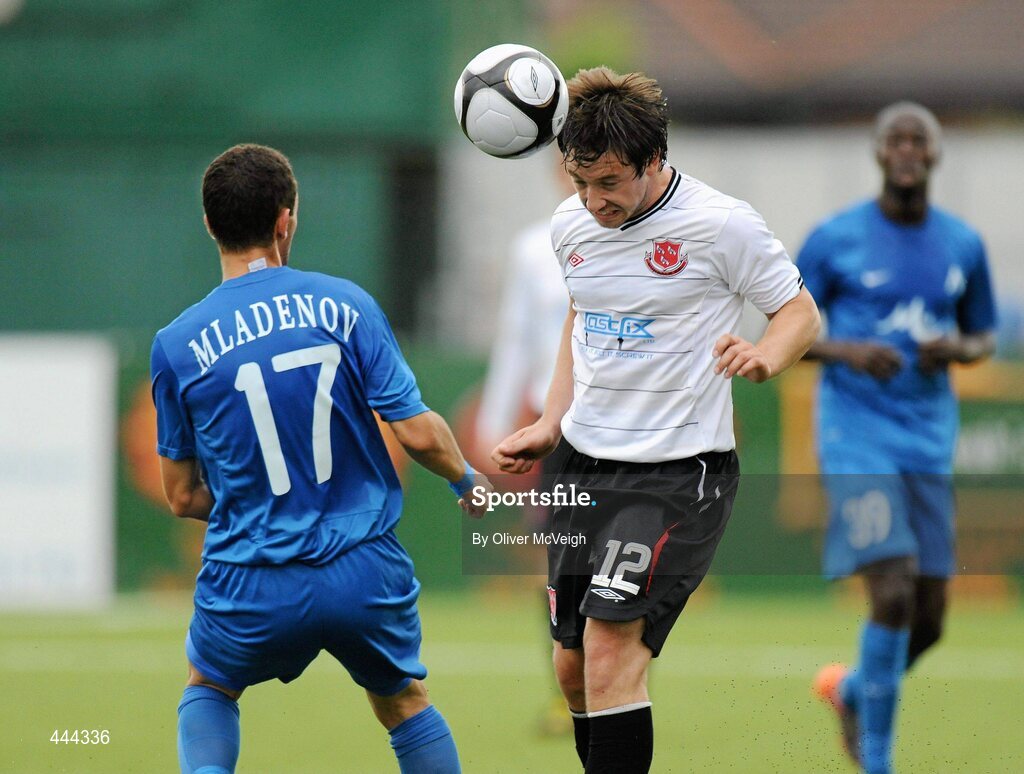 22 July 2010; Michael Synott, Dundalk, in action against Daniel Mladenov, PFC Levski Sofia. UEFA Europa League Second Qualifying Round, 2nd Leg, Dundalk v PFC Levski Sofia, Oriel Park, Dundalk, Co. Louth. Picture credit: Oliver McVeigh / SPORTSFILE