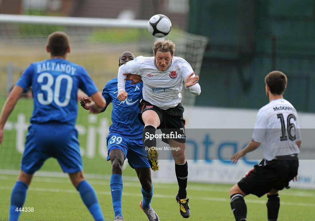 22 July 2010; Wayne Hatswell, Dundalk, in action against Garra Dembele, PFC Levski Sofia. UEFA Europa League Second Qualifying Round, 2nd Leg, Dundalk v PFC Levski Sofia, Oriel Park, Dundalk, Co. Louth. Picture credit: Oliver McVeigh / SPORTSFILE