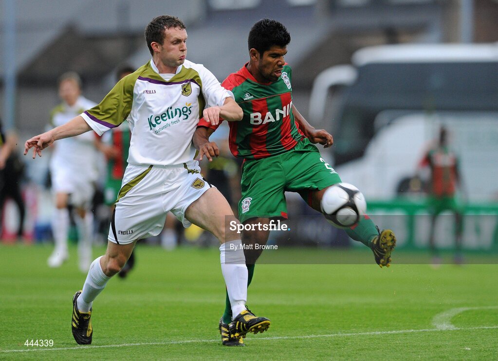 22 July 2010; Alonso Ferrira de Matos, CS Marítimo, in action against Conan Byrne, Sporting Fingal. UEFA Europa League Second Qualifying Round, 2nd Leg, Sporting Fingal v CS Marítimo, Dalymount Park, Dublin. Picture credit: Matt Browne / SPORTSFILE
