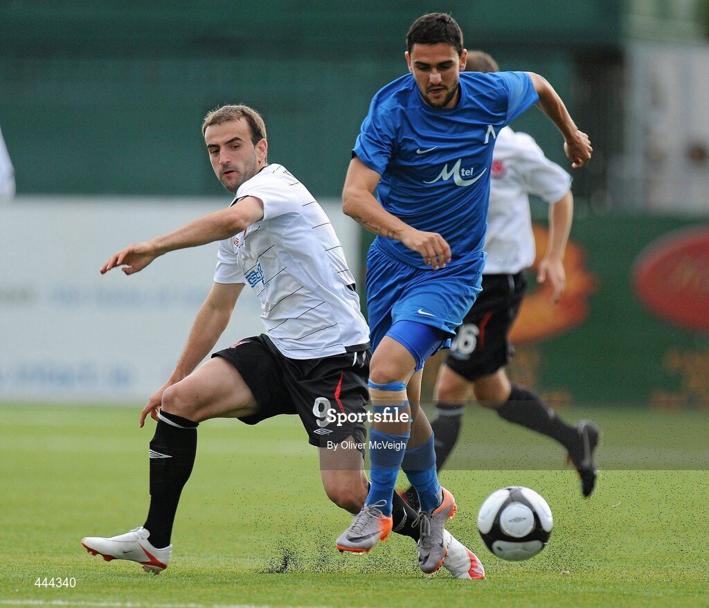 22 July 2010; Vladimir Gadzhev, PFC Levski Sofia, in action against Fahrudin Kuduzovic, Dundalk. UEFA Europa League Second Qualifying Round, 2nd Leg, Dundalk v PFC Levski Sofia, Oriel Park, Dundalk, Co. Louth. Picture credit: Oliver McVeigh / SPORTSFILE