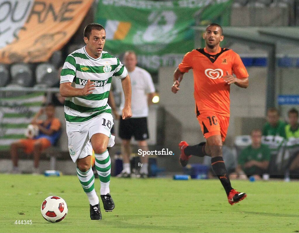 22 July 2010; Chris Turner, Shamrock Rovers, in action against Liroy Zhairi, Bnei Yehuda Tel-Aviv FC. UEFA Europa League Second Qualifying Round, 2nd Leg, Bnei Yehuda Tel-Aviv FC v Shamrock Rovers, Bloomfield Stadium, Tel Aviv, Israel. Picture credit: SPORTSFILE