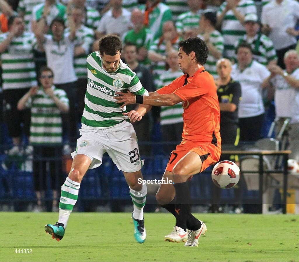 22 July 2010; Thomas Stewart, Shamrock Rovers, in action against Itzik Azuz, Bnei Yehuda Tel-Aviv FC. UEFA Europa League Second Qualifying Round, 2nd Leg, Bnei Yehuda Tel-Aviv FC v Shamrock Rovers, Bloomfield Stadium, Tel Aviv, Israel. Picture credit: SPORTSFILE
