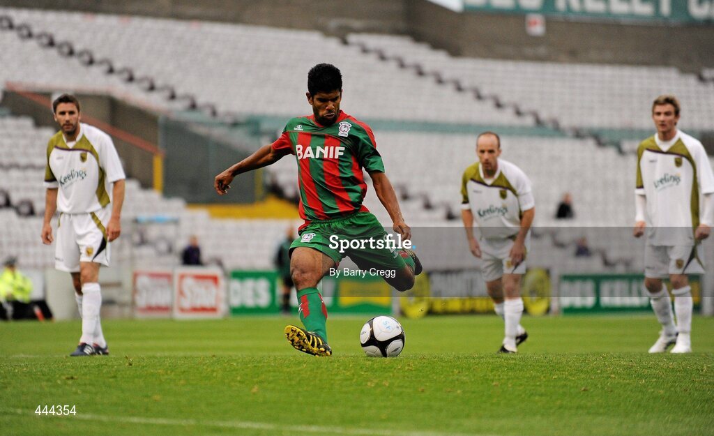 22 July 2010; Alonso Ferreira de Matos, CS Marítimo, takes his side's penalty. UEFA Europa League Second Qualifying Round, 2nd Leg, Sporting Fingal v CS Marítimo, Dalymount Park, Dublin. Picture credit: Barry Cregg / SPORTSFILE