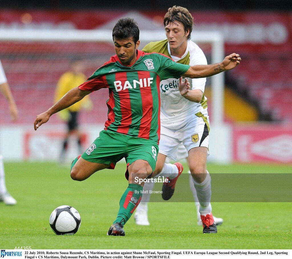 22 July 2010; Roberto Sousa Rezende, CS Marítimo, in action against Shane McFaul, Sporting Fingal. UEFA Europa League Second Qualifying Round, 2nd Leg, Sporting Fingal v CS Marítimo, Dalymount Park, Dublin. Picture credit: Matt Browne / SPORTSFILE