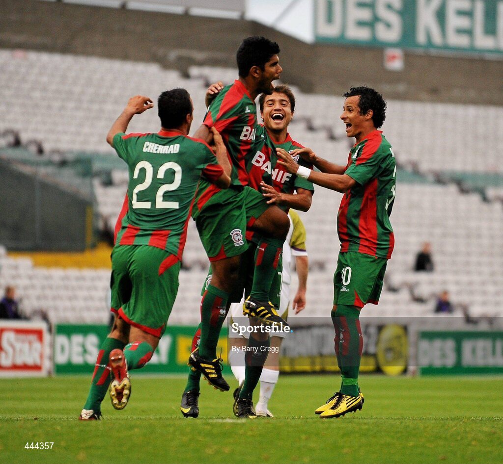 22 July 2010; Alonso Ferreira de Matos, CS Marítimo, celebrates with his team-mates after scoring his side's first goal. UEFA Europa League Second Qualifying Round, 2nd Leg, Sporting Fingal v CS Marítimo, Dalymount Park, Dublin. Picture credit: Barry Cregg / SPORTSFILE