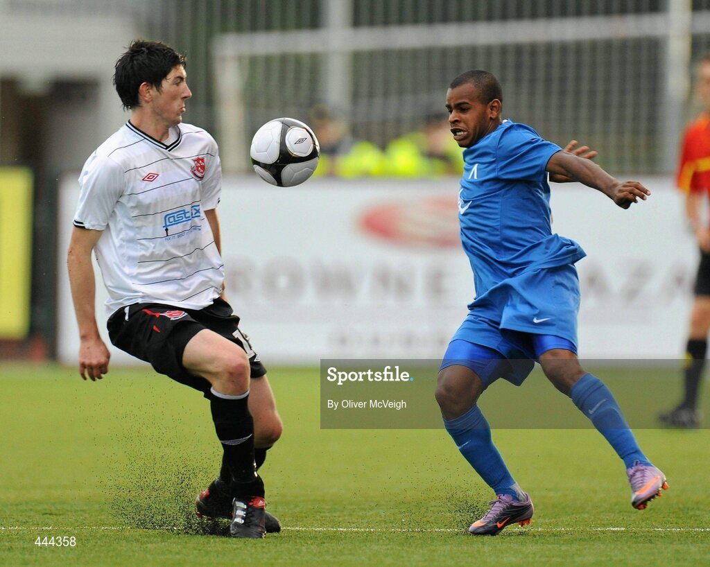 22 July 2010; Ciaran McGuigan, Dundalk, in action against Joao Ramos Dos Santos, PFC Levski Sofia. UEFA Europa League Second Qualifying Round, 2nd Leg, Dundalk v PFC Levski Sofia, Oriel Park, Dundalk, Co. Louth. Picture credit: Oliver McVeigh / SPORTSFILE