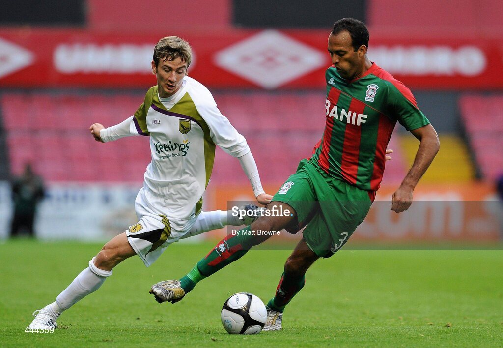 22 July 2010; Robson Severino Silva, CS Marítimo, in action against Ronan Finn, Sporting Fingal. UEFA Europa League Second Qualifying Round, 2nd Leg, Sporting Fingal v CS Marítimo, Dalymount Park, Dublin. Picture credit: Matt Browne / SPORTSFILE