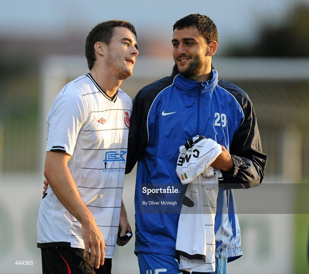 22 July 2010; Dundalk Captain Stephen Maher is commiserated with by Ismail Isa Mustafa, PFC Levski Sofia. UEFA Europa League Second Qualifying Round, 2nd Leg, Dundalk v PFC Levski Sofia, Oriel Park, Dundalk, Co. Louth. Picture credit: Oliver McVeigh / SPORTSFILE