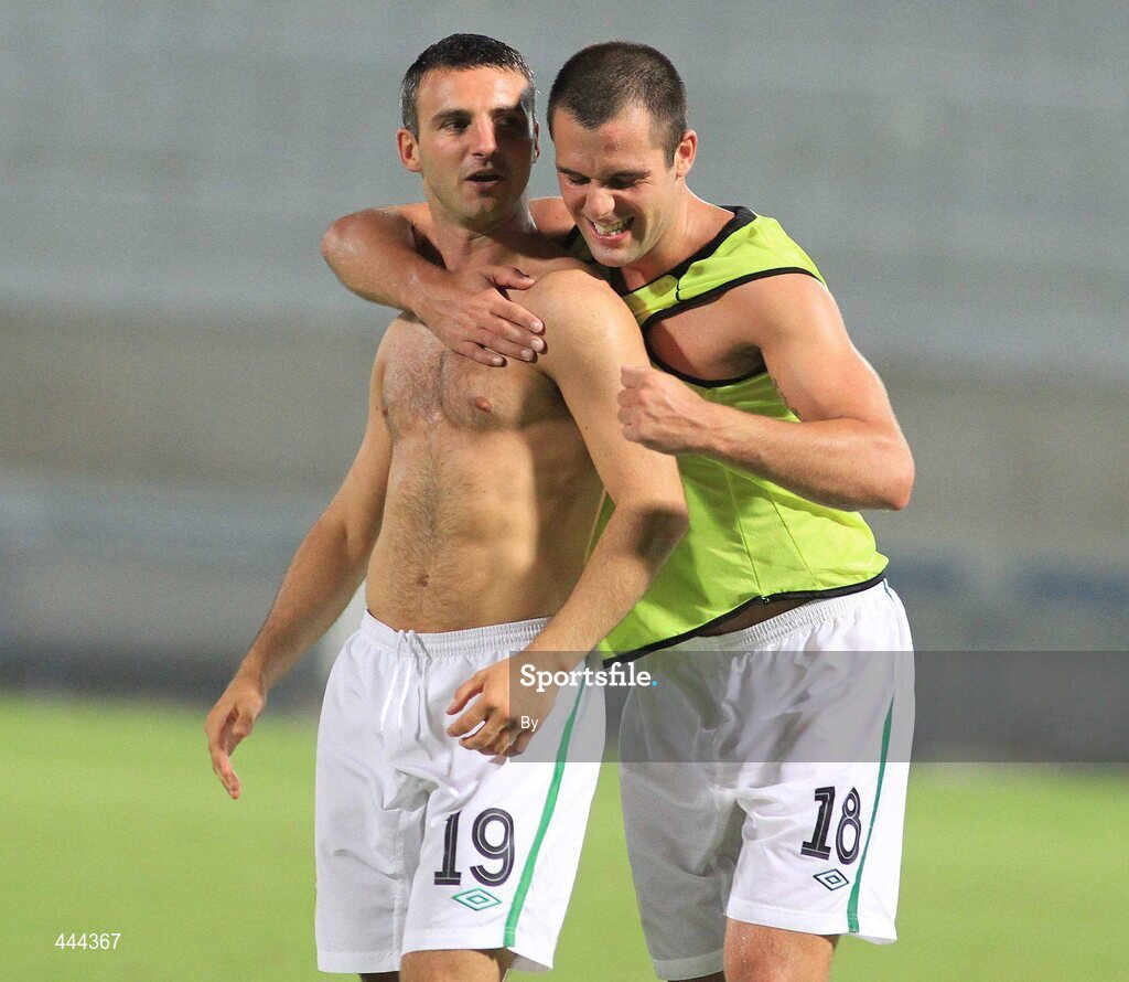 22 July 2010; Danny Murphy and Chris Turner, Shamrock Rovers, celebrate their side's win. UEFA Europa League Second Qualifying Round, 2nd Leg, Bnei Yehuda Tel-Aviv FC v Shamrock Rovers, Bloomfield Stadium, Tel Aviv, Israel. Picture credit: SPORTSFILE