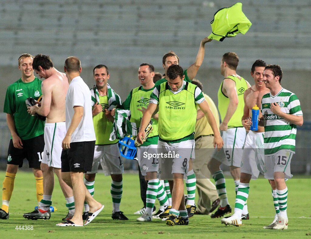 22 July 2010; Shamrock Rovers players celebrate their side's win. UEFA Europa League Second Qualifying Round, 2nd Leg, Bnei Yehuda Tel-Aviv FC v Shamrock Rovers, Bloomfield Stadium, Tel Aviv, Israel. Picture credit: SPORTSFILE