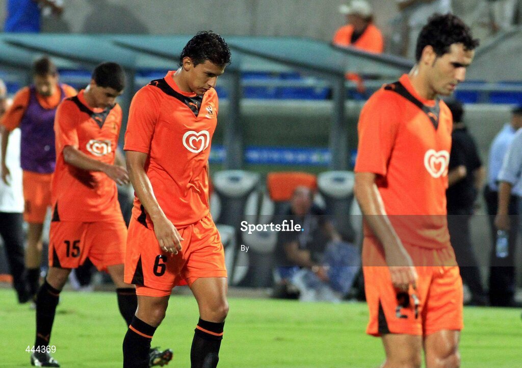 22 July 2010; Bnei Yehuda Tel-Aviv FC players Hasan Abu Zaid, Iván Garrido and Aviv Hadad react after their loss to Shamrock Rovers. UEFA Europa League Second Qualifying Round, 2nd Leg, Bnei Yehuda Tel-Aviv FC v Shamrock Rovers, Bloomfield Stadium, Tel Aviv, Israel. Picture credit: SPORTSFILE