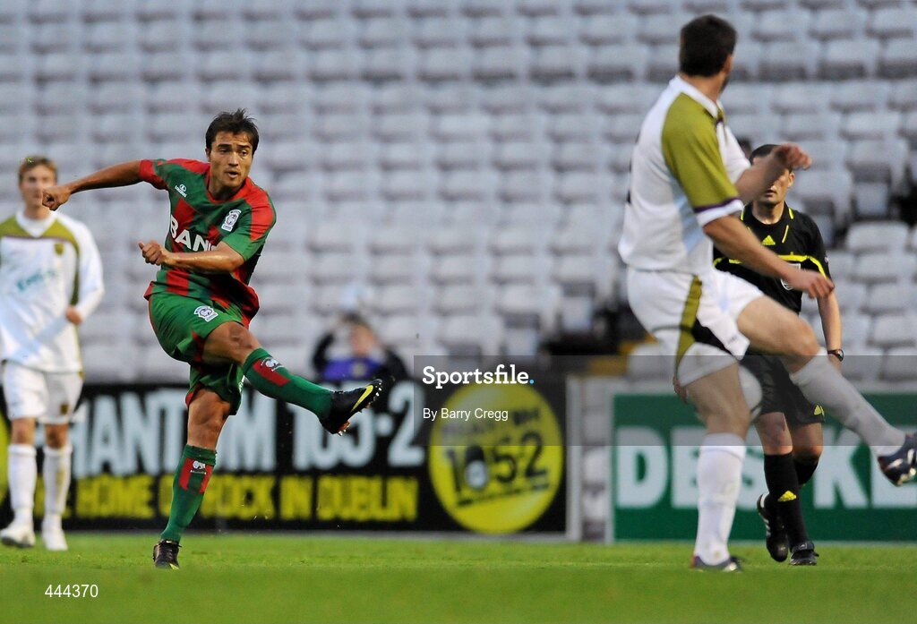22 July 2010; Marco Aurelio Iubel, CS Marítimo, shoots to score his side's second goal. UEFA Europa League Second Qualifying Round, 2nd Leg, Sporting Fingal v CS Marítimo, Dalymount Park, Dublin. Picture credit: Barry Cregg / SPORTSFILE