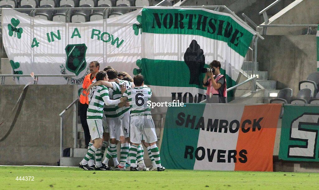 22 July 2010; Thomas Stewart, Shamrock Rovers, hidden, celebrates scoring his side's goal with team-mates. UEFA Europa League Second Qualifying Round, 2nd Leg, Bnei Yehuda Tel-Aviv FC v Shamrock Rovers, Bloomfield Stadium, Tel Aviv, Israel. Picture credit: SPORTSFILE