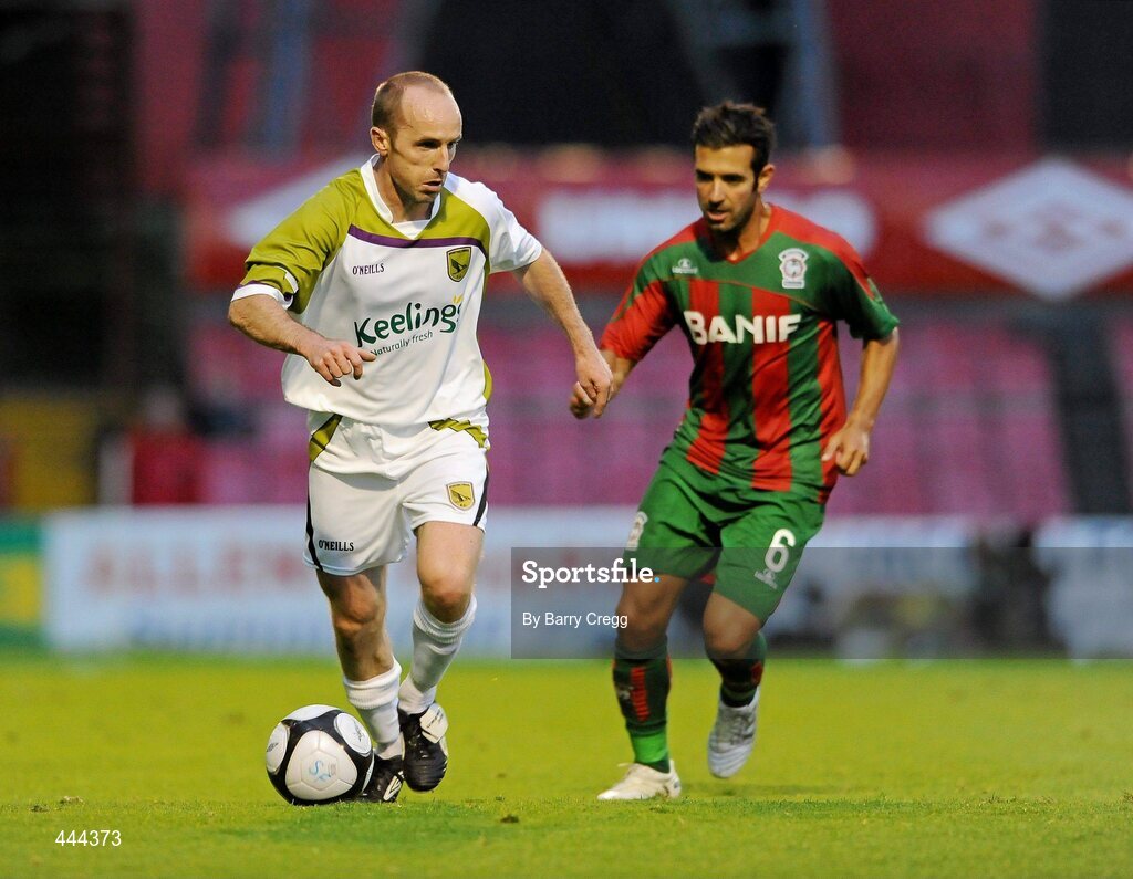22 July 2010; Alan Kirby, Sporting Fingal, in action against Ricardo Filipe Santos Esteves, CS Marítimo. UEFA Europa League Second Qualifying Round, 2nd Leg, Sporting Fingal v CS Marítimo, Dalymount Park, Dublin. Picture credit: Barry Cregg / SPORTSFILE