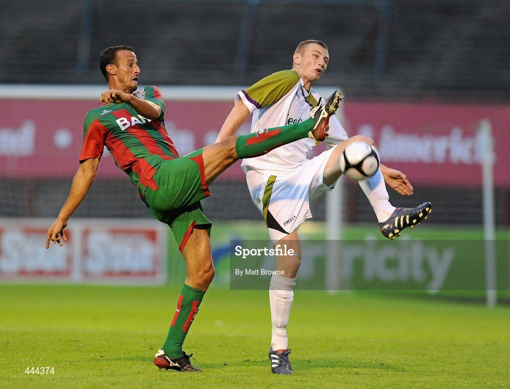 22 July 2010; Kenny Browne, Sporting Fingal, in action against Abdelmalek Cherrad, CS Marítimo. UEFA Europa League Second Qualifying Round, 2nd Leg, Sporting Fingal v CS Marítimo, Dalymount Park, Dublin. Picture credit: Matt Browne / SPORTSFILE