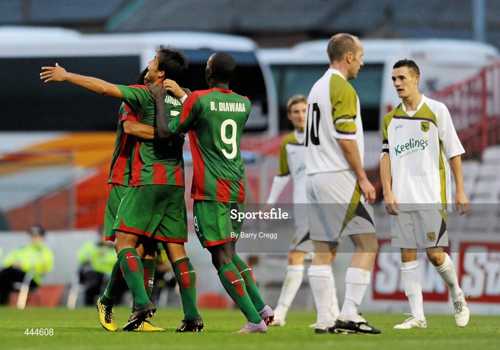 22 July 2010; Marco Aurelio Iubel, centre, CS Marítimo, celebrates with his team-mates Papa Babacar Diawara, 9,  and Danilo Leandro Dias after scoring his side's second goal. UEFA Europa League Second Qualifying Round, 2nd Leg, Sporting Fingal v CS Marítimo, Dalymount Park, Dublin. Picture credit: Barry Cregg / SPORTSFILE