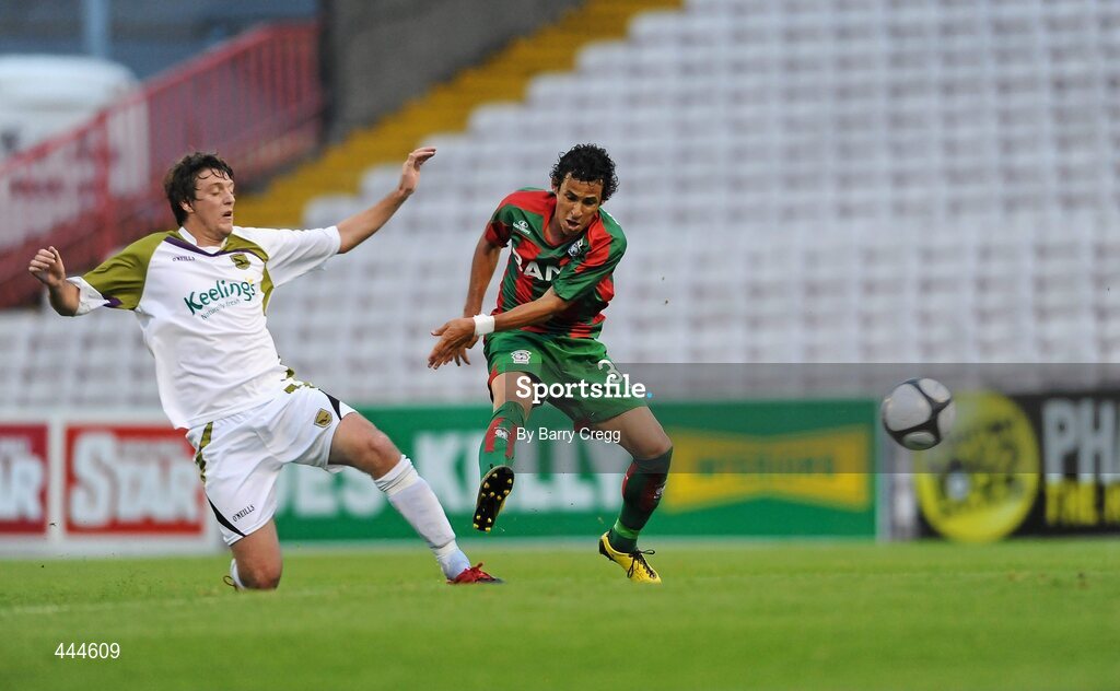 22 July 2010; Danilo Leandro Dias, CS Marítimo, in action against Shane McFaul, Sporting Fingal. UEFA Europa League Second Qualifying Round, 2nd Leg, Sporting Fingal v CS Marítimo, Dalymount Park, Dublin. Picture credit: Barry Cregg / SPORTSFILE