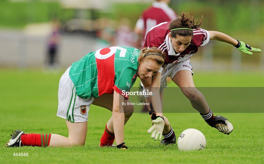 24 July 2010; Karen Hegarty, Westmeath, in action against Ciara McManamon, Mayo. Ladies Gaelic Football Minor A Shield All-Ireland Final, Mayo v Westmeath, Seán O'Heslin GAA Cub, Ballinamore, Co. Leitrim. Picture credit: Brian Lawless / SPORTSFILE
