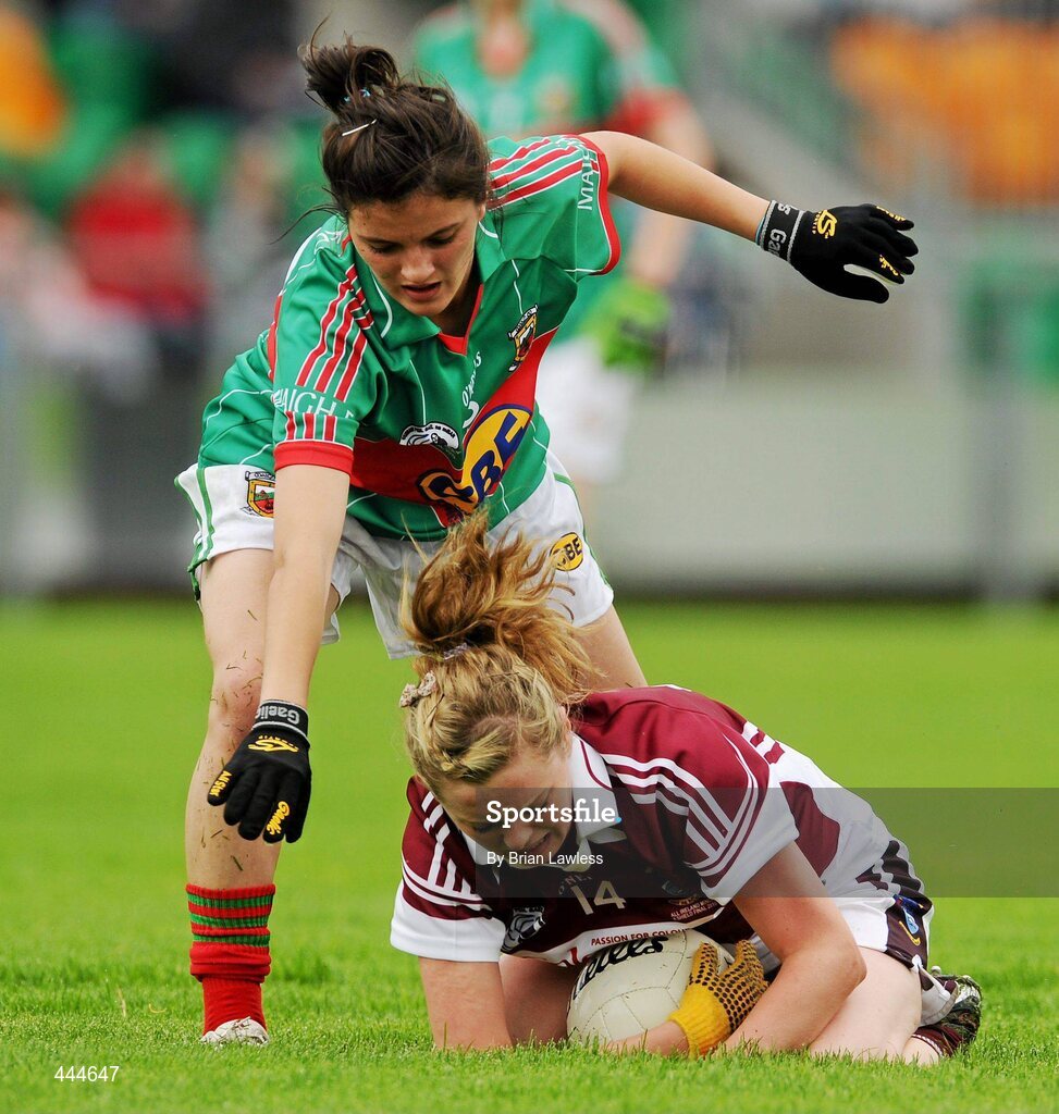 24 July 2010; Shiela Kelly, Westmeath, in action against Amy Bell, Mayo. Ladies Gaelic Football Minor A Shield All-Ireland Final, Mayo v Westmeath, Seán O'Heslin GAA Cub, Ballinamore, Co. Leitrim. Picture credit: Brian Lawless / SPORTSFILE