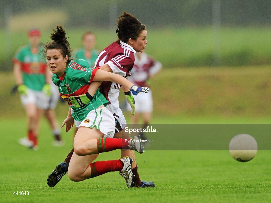 24 July 2010; Emma Lowther, Mayo, in action against Ciara Scally, Westmeath. Ladies Gaelic Football Minor A Shield All-Ireland Final, Mayo v Westmeath, Seán O'Heslin GAA Cub, Ballinamore, Co. Leitrim. Picture credit: Brian Lawless / SPORTSFILE