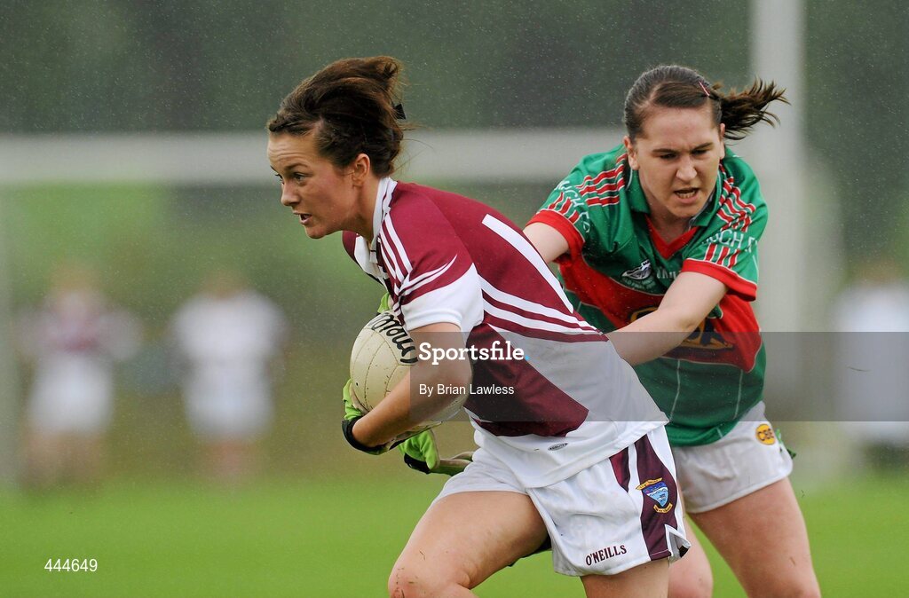 24 July 2010; Ciara Scally, Westmeath, in action against Linda Walsh, Mayo. Ladies Gaelic Football Minor A Shield All-Ireland Final, Mayo v Westmeath, Seán O'Heslin GAA Cub, Ballinamore, Co. Leitrim. Picture credit: Brian Lawless / SPORTSFILE