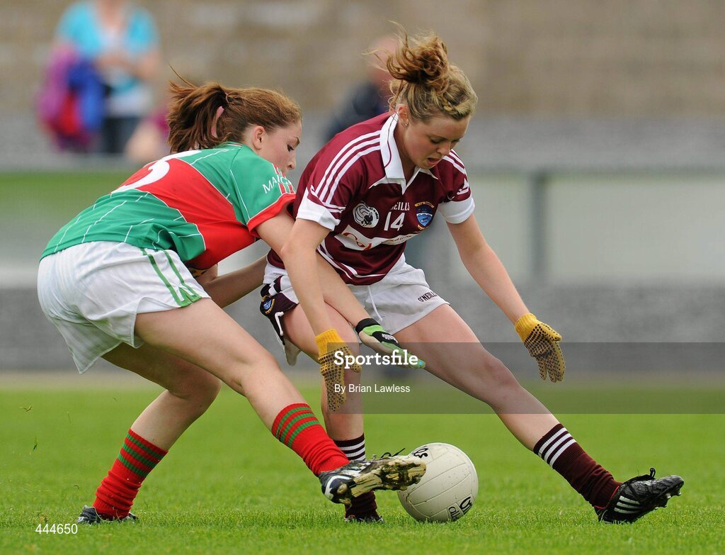 24 July 2010; Shiela Kelly, Westmeath, in action against Mary Naughton, Mayo. Ladies Gaelic Football Minor A Shield All-Ireland Final, Mayo v Westmeath, Seán O'Heslin GAA Cub, Ballinamore, Co. Leitrim. Picture credit: Brian Lawless / SPORTSFILE