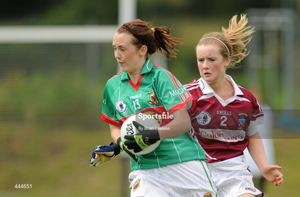 24 July 2010; Avril Kilkelly, Mayo, in action against Avril Corbet, Westmeath. Ladies Gaelic Football Minor A Shield All-Ireland Final, Mayo v Westmeath, Seán O'Heslin GAA Cub, Ballinamore, Co. Leitrim. Picture credit: Brian Lawless / SPORTSFILE