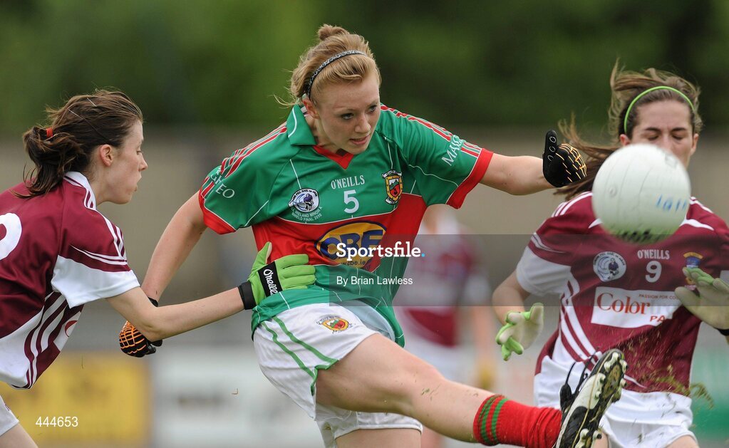 24 July 2010; Ciara Hanahoe, Mayo, in action against Ciara Blundell, left, and Karen Hegarty, Westmeath. Ladies Gaelic Football Minor A Shield All-Ireland Final, Mayo v Westmeath, Seán O'Heslin GAA Cub, Ballinamore, Co. Leitrim. Picture credit: Brian Lawless / SPORTSFILE